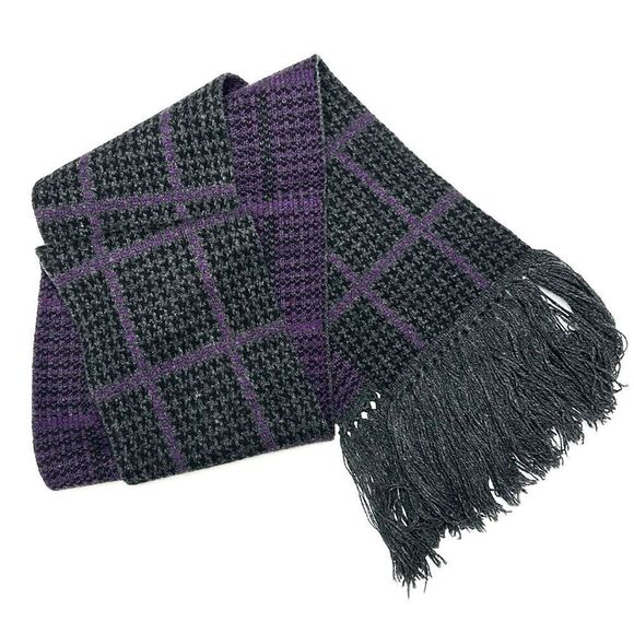 NWT Lauren Ralph Lauren Wool Houndstooth Purple Gray Long Scarf with Tassel - Picture 1 of 11